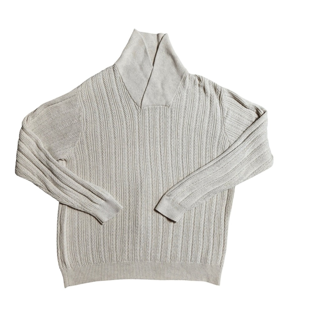 Chaps Mens XL Shawl Collar Cable Knit Sweater Beige Cotton Pullover 750681102002